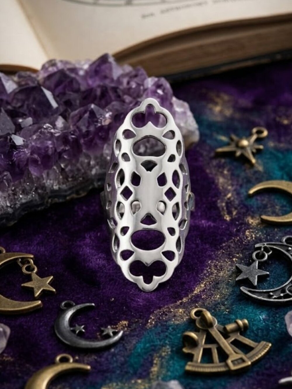 Silver Filigree Armor Ring Openwork Gothic Whimsigoth Statement 316L Steel Sz 8